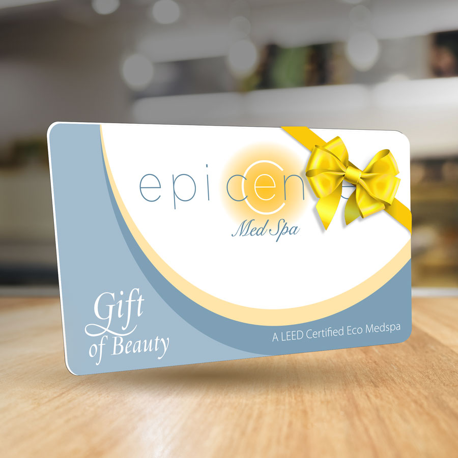 Gift card design for Ep i cen Med Spa with a yellow bow and curved blue and white shapes, text 'Gift of Beauty' and LEED certification note.